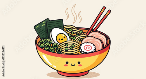 Cartoon ramen bowl with smiling face noodles egg and chopsticks