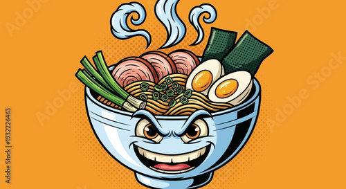 Cartoon ramen bowl with smiling face vector illustration for food content