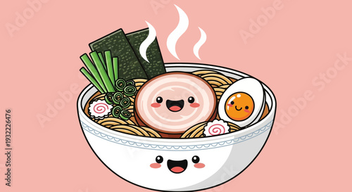 Cartoon ramen bowl with smiling face noodles egg and seaweed illustration