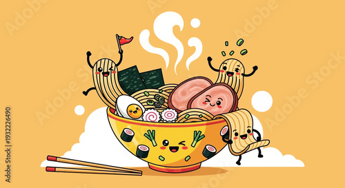 Cartoon ramen bowl with smiling food characters and chopsticks on yellow background