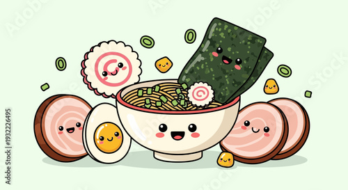 Cartoon ramen bowl with smiling food characters and green background