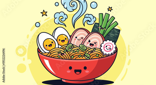 Cartoon ramen bowl with smiling food elements and decorative steam