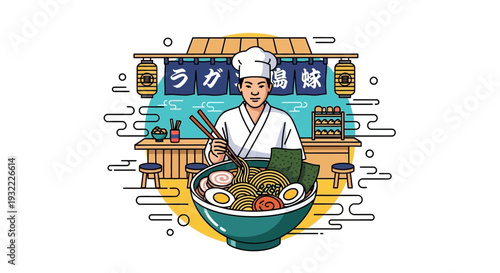 Chef preparing ramen in a stylized restaurant illustration with copy space