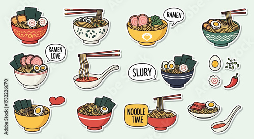 Colorful cartoon illustrations of various ramen bowls with chopsticks and garnishes