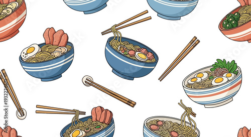Colorful hand drawn ramen bowls with chopsticks against white background