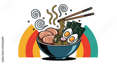 Colorful illustration of ramen noodles with toppings and chopsticks