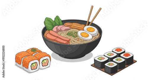 Delicious asian cuisine illustration ramen sushi chopsticks isolated on white
