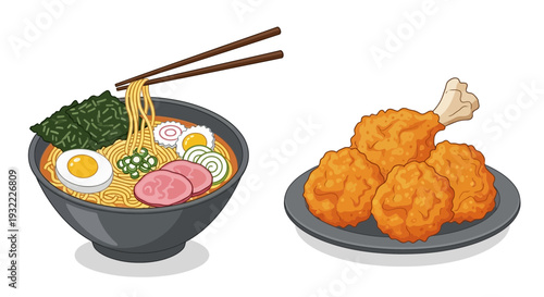 Delicious asian cuisine illustration ramen noodles and fried chicken