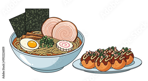 Delicious asian cuisine ramen noodles and takoyaki illustration on white