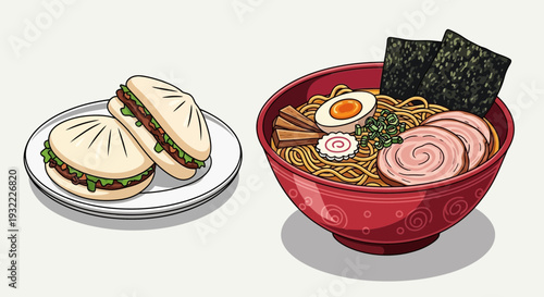 Delicious asian cuisine steamed buns and ramen bowl on white background