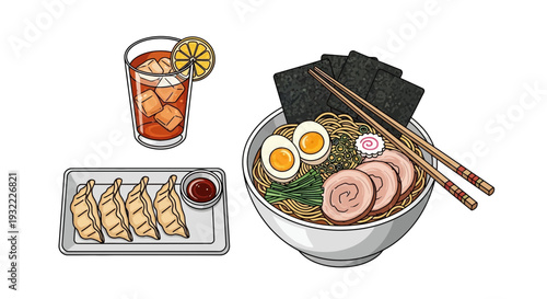 Delicious asian cuisine ramen noodles dumplings and beverage isolated