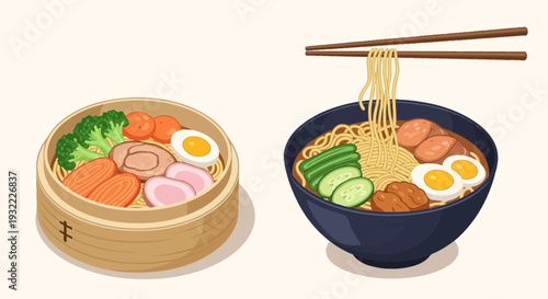 Delicious asian food steamed dumplings and ramen noodles illustration