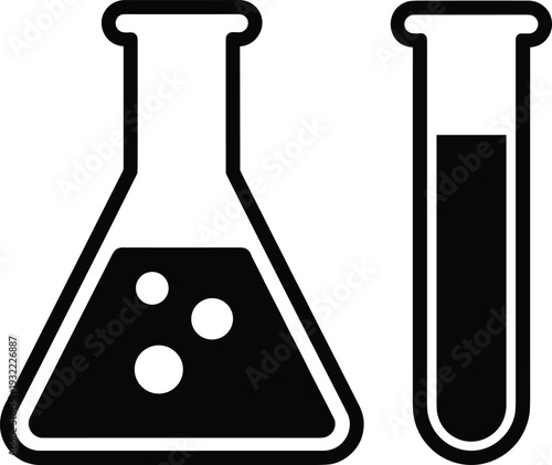 Laboratory flask and test tube icon, chemistry experiment symbol, scientific research equipment concept, black silhouette isolated on white background design