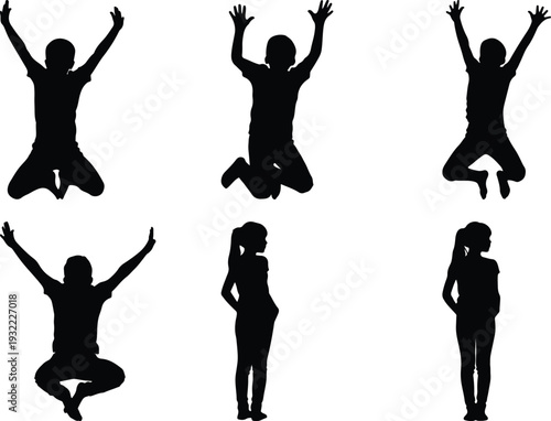 Collection of six dynamic black silhouette vector illustrations of children jumping and standing, conveying joy and energy, isolated on white.