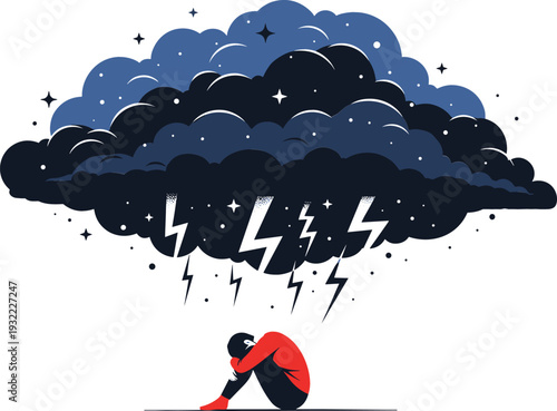 Depressed man sitting under dark storm cloud with lightning bolts representing mental health struggles anxiety stress and loneliness