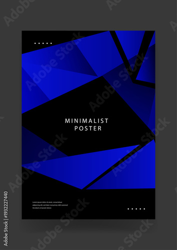 Bold minimalist poster with sharp blue and black polygonal fragments creating a crystalline abstract design