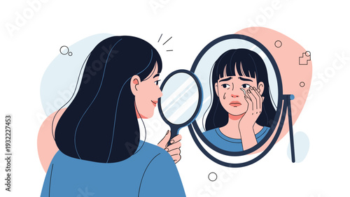 Emotional illustration depicts a young woman looking into a mirror while crying and wiping tears away reflecting her deep internal sadness.