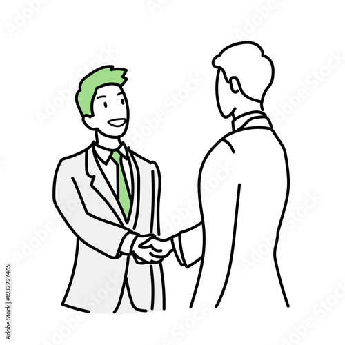 ビジネスの場で笑顔で握手を交わし信頼関係を築く男性たち｜契約の成立や良好なパートナーシップを象徴するビジネスイラスト