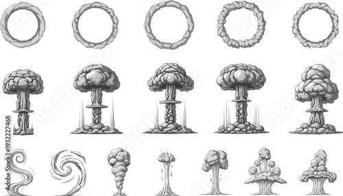 Nuclear explosion mushroom cloud and smoke ring icons set for blast effects disaster war weapon and tactical symbols