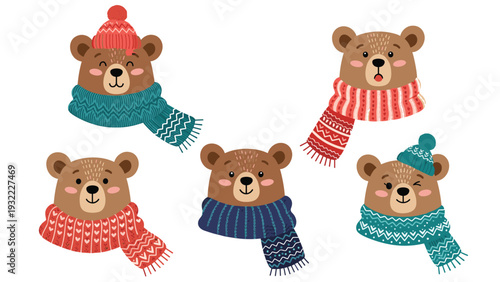 Set of five adorable cartoon bear characters wearing various colorful knitted winter hats and cozy scarves on a white background.