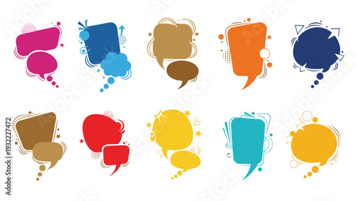 Vibrant set of diverse speech and thought bubbles in various colors and shapes with artistic accents for dialogue and communication design.