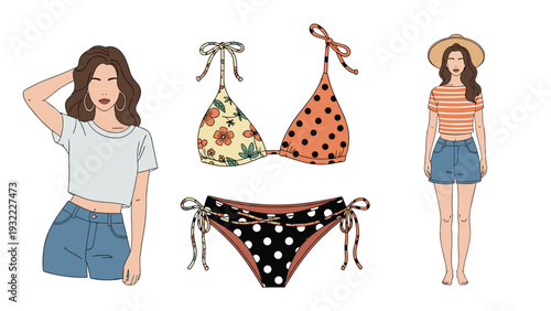 Summer fashion illustration featuring two women in casual outfits and a polka-dot bikini set decorated with floral and orange patterns.