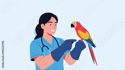Caring female veterinarian wearing scrubs and gloves holds a colorful macaw parrot for a medical examination in a light blue environment.