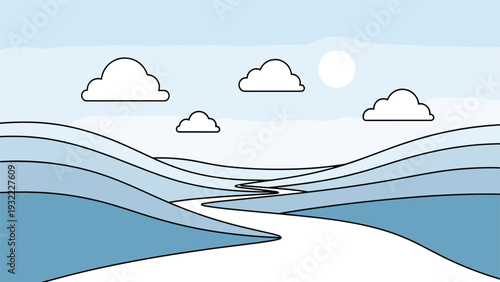 Simple flat landscape illustration featuring rolling blue hills a winding white river and a soft sun in a clear sky with fluffy clouds.