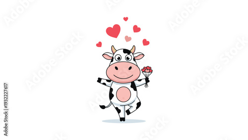 Cute cartoon cow standing on one leg holding a bouquet of pink hearts while more hearts float above its head on a white background.