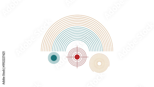 Abstract geometric composition of concentric arcs and circular targets in muted vintage tones of blue red and gold on a white background.
