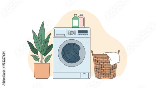 Modern laundry room setup featuring a white front loading washing machine a wicker basket with a towel and a green potted plant.