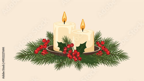 Traditional christmas centerpiece featuring two white lit candles surrounded by evergreen pine branches holly leaves and red berries.
