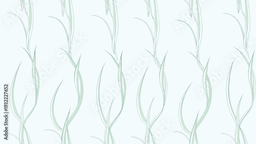 Minimalist seamless pattern of delicate green grass or leaf stems in a rhythmic vertical arrangement on a soft pale blue background.