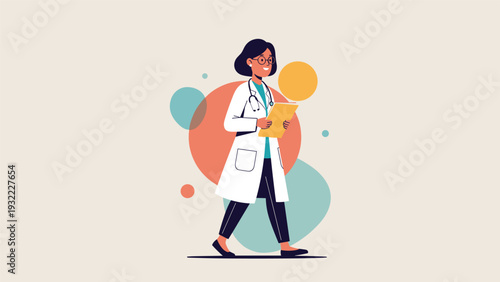 Confident female doctor in a white lab coat walking while holding a medical clipboard against a background of colorful abstract circles.