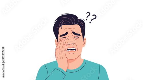 Worried young man touching his cheek and expressing pain due to a toothache or dental problem while thinking about medical help.