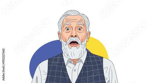 Expressive portrait of a surprised senior man with white hair and a beard wearing a vest and light shirt on a colorful background.