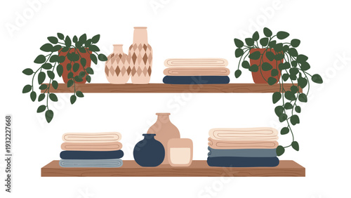 Stylish wooden wall shelves displaying neatly folded towels ceramic vases in earthy tones and trailing green house plants.