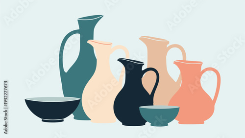 Still life composition of various ceramic pitchers and bowls in a harmonious palette of blue beige and terracotta against a pale blue.