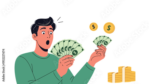 Surprised young man in a green sweater holding a fan of dollar bills and looking at more cash and gold coins floating in the air.