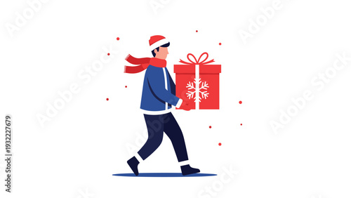 Cheerful man wearing a winter hat and scarf walking and carrying a large red christmas gift box decorated with a white snowflake.