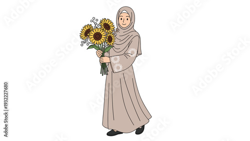 Young woman wearing a brown hijab and modest dress holding a large bouquet of bright yellow sunflowers on a white background.