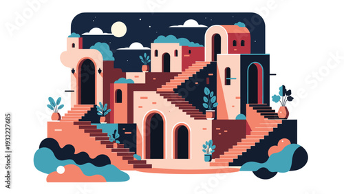 Abstract architectural illustration of a Mediterranean village with terracotta buildings stairs and potted plants under a night sky.