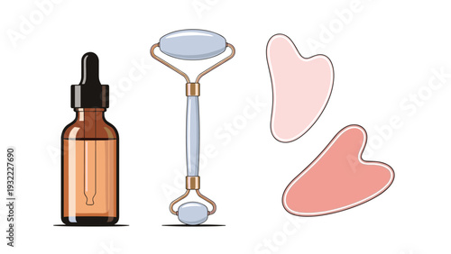 Collection of facial skincare tools including a bottle of face serum a quartz roller and pink gua sha stones on a white background.
