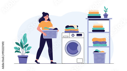 Young woman carries a basket of laundry in a bright modern room featuring a washing machine, storage shelves, and houseplants.