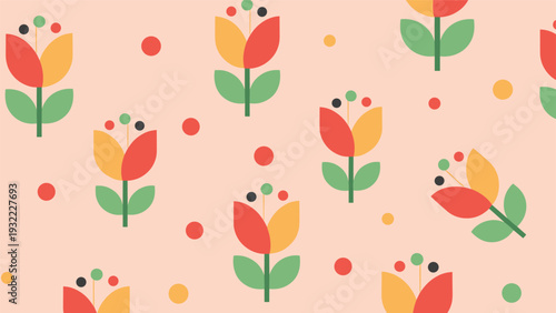 Minimalist floral seamless pattern featuring stylized tulip like flowers in orange red and green on a soft peach colored background.