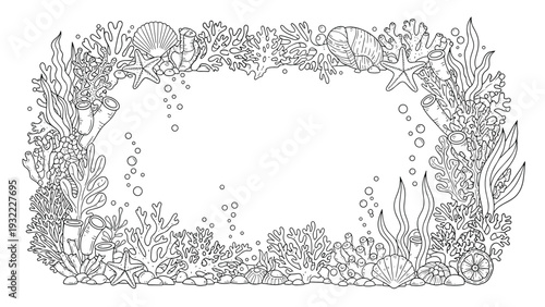 Detailed line art frame depicts an underwater scene with corals, shells, sea stars, and bubbles for a marine-themed coloring activity.