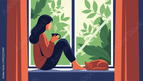 Peaceful illustration shows a woman sitting on a windowsill drinking hot coffee while her ginger cat sleeps nearby with a garden view.