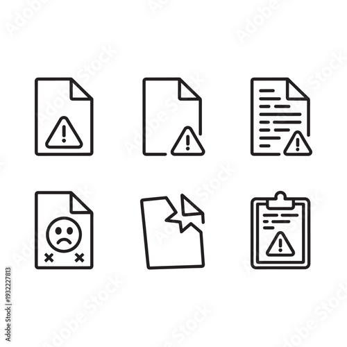 Set of document icons with warning signs and error indications