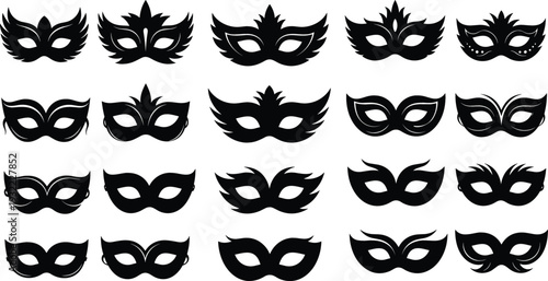Large collection of black masquerade mask silhouettes in various feathered and elegant styles for carnival and party events