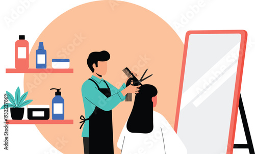 Modern flat style illustration of a professional hair stylist cutting a client's hair in a salon with shelves